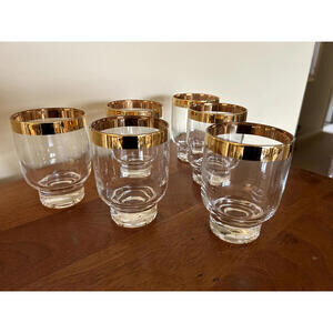 Mid-Century Modern Clear Glass Cocktail Tumblers with Gold Rim Band (Set of 6)